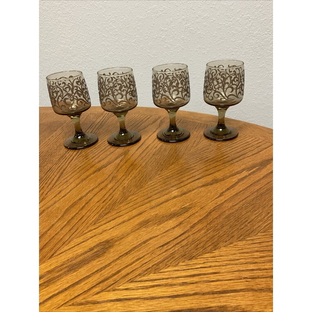 Libbey Prado Water Goblet Glasses‎ Embossed Scroll Tawny Brown  70s Set 4 Wine